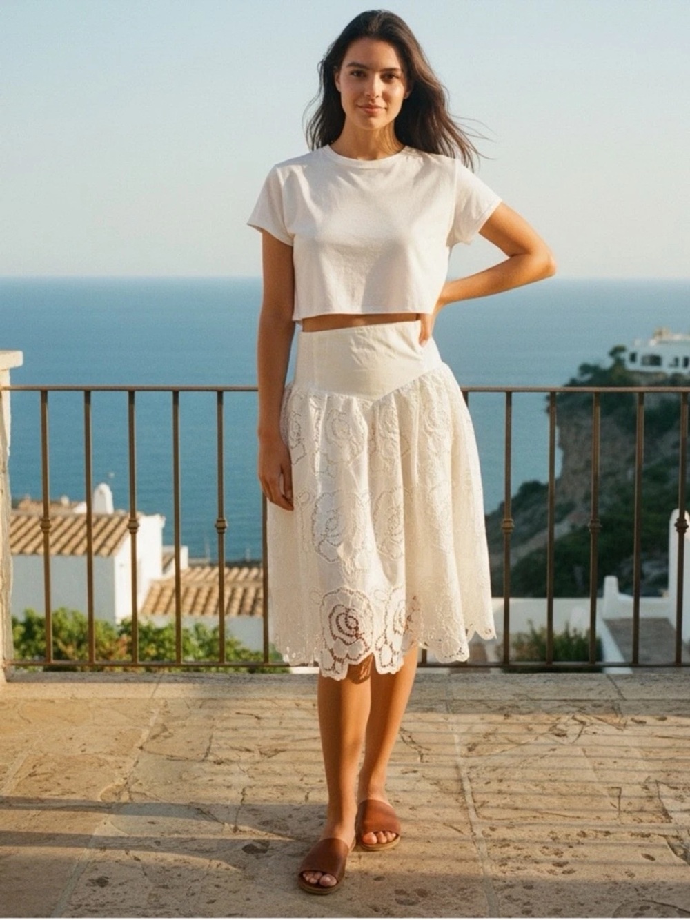 En Saison White Eyelet Lace Midi Skirt Size Large NWT